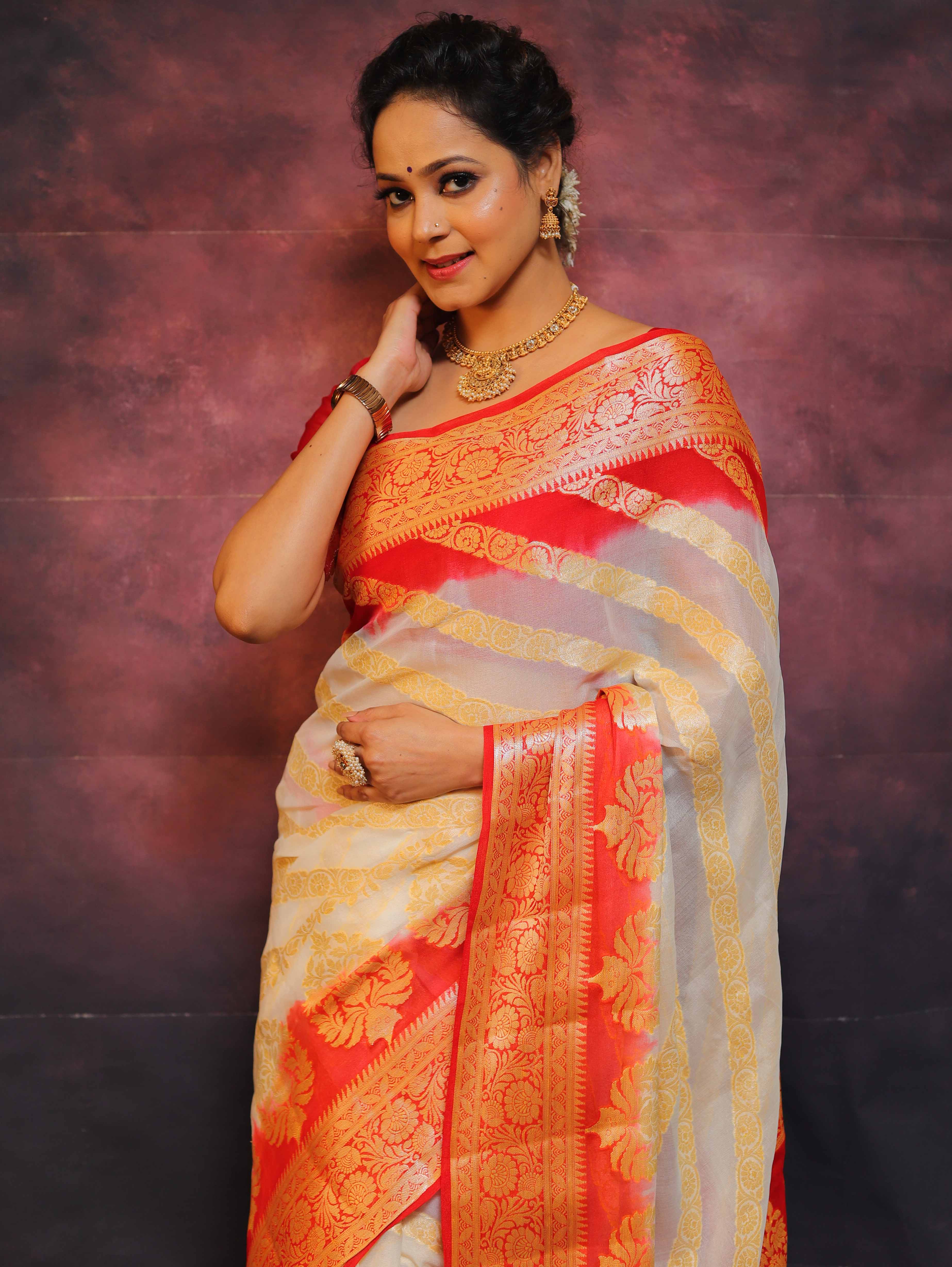 Banarasee Handwoven Pure Chiffon Saree With Zari Work-White & Red