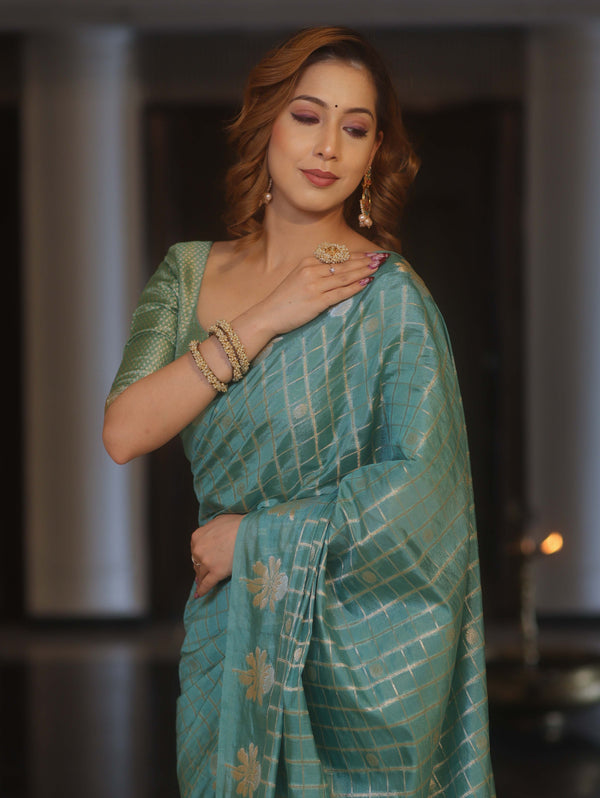 Banarasee Handwoven Semi Silk Saree With Zari Design-Pastel Green