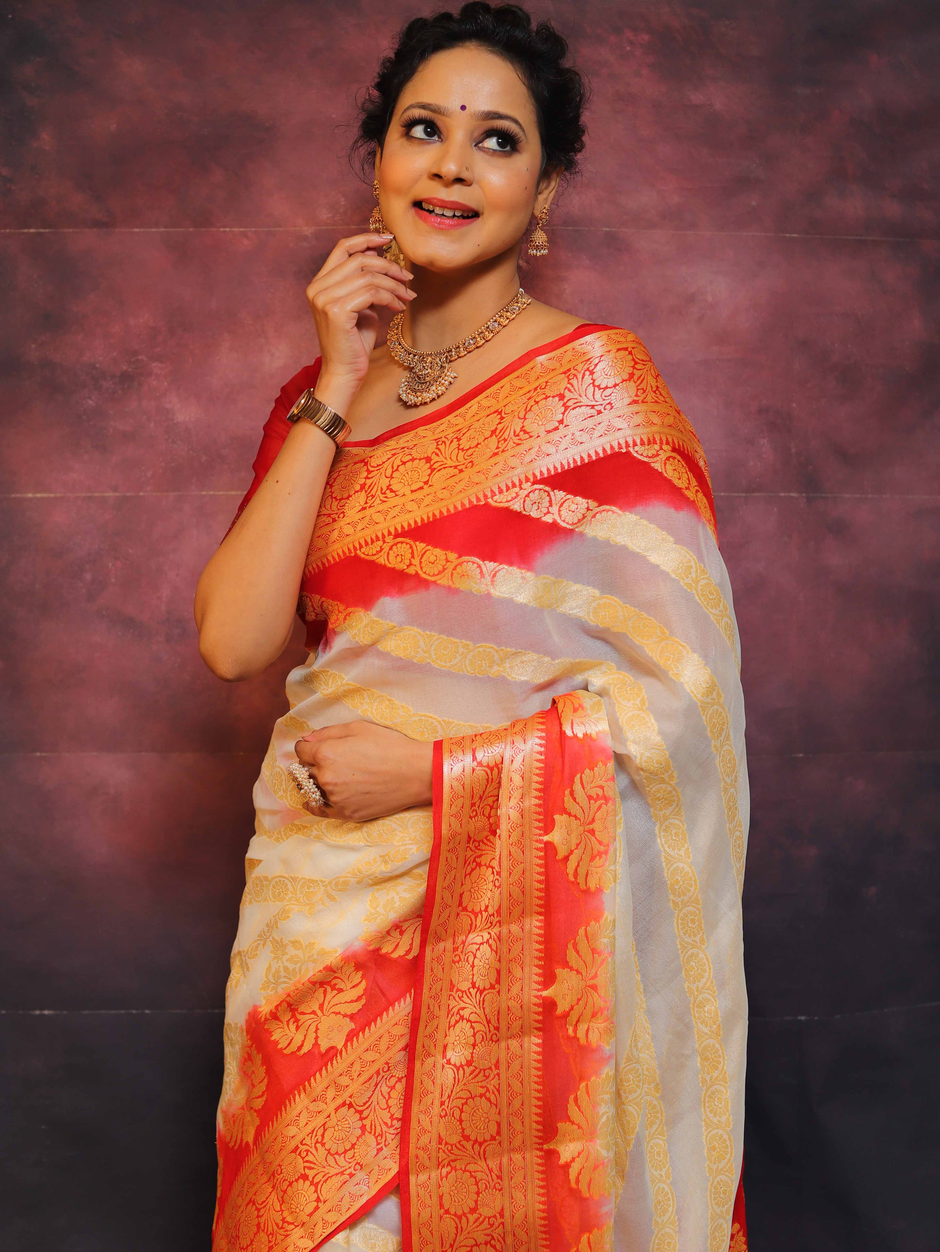 Banarasee Handwoven Pure Chiffon Saree With Zari Work-White & Red