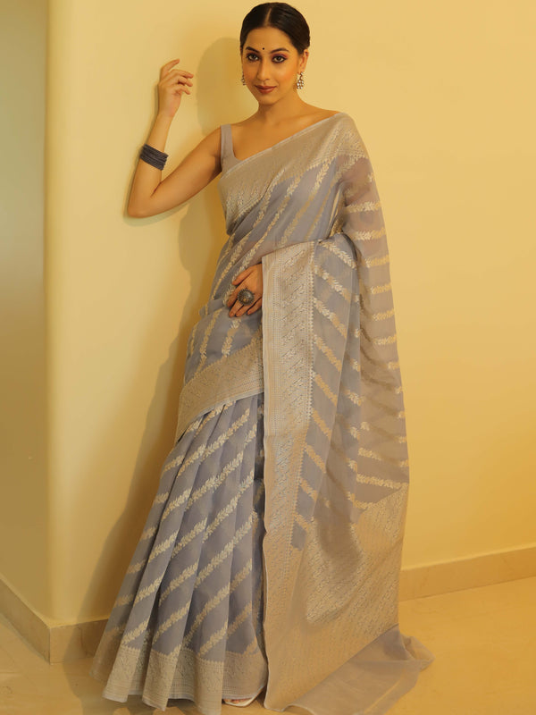 Banarasee Organza Silk Saree With Zari Motifs & Border-Grey