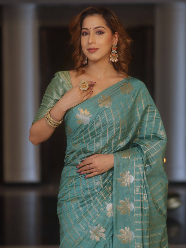 Banarasee Handwoven Semi Silk Saree With Zari Design-Pastel Green