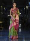 Banarasee Dual Tone Organza Mix Saree With Resham Zari Work & Contrast Border-Green & Pink