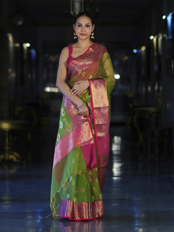 Banarasee Dual Tone Organza Mix Saree With Resham Zari Work & Contrast Border-Green & Pink