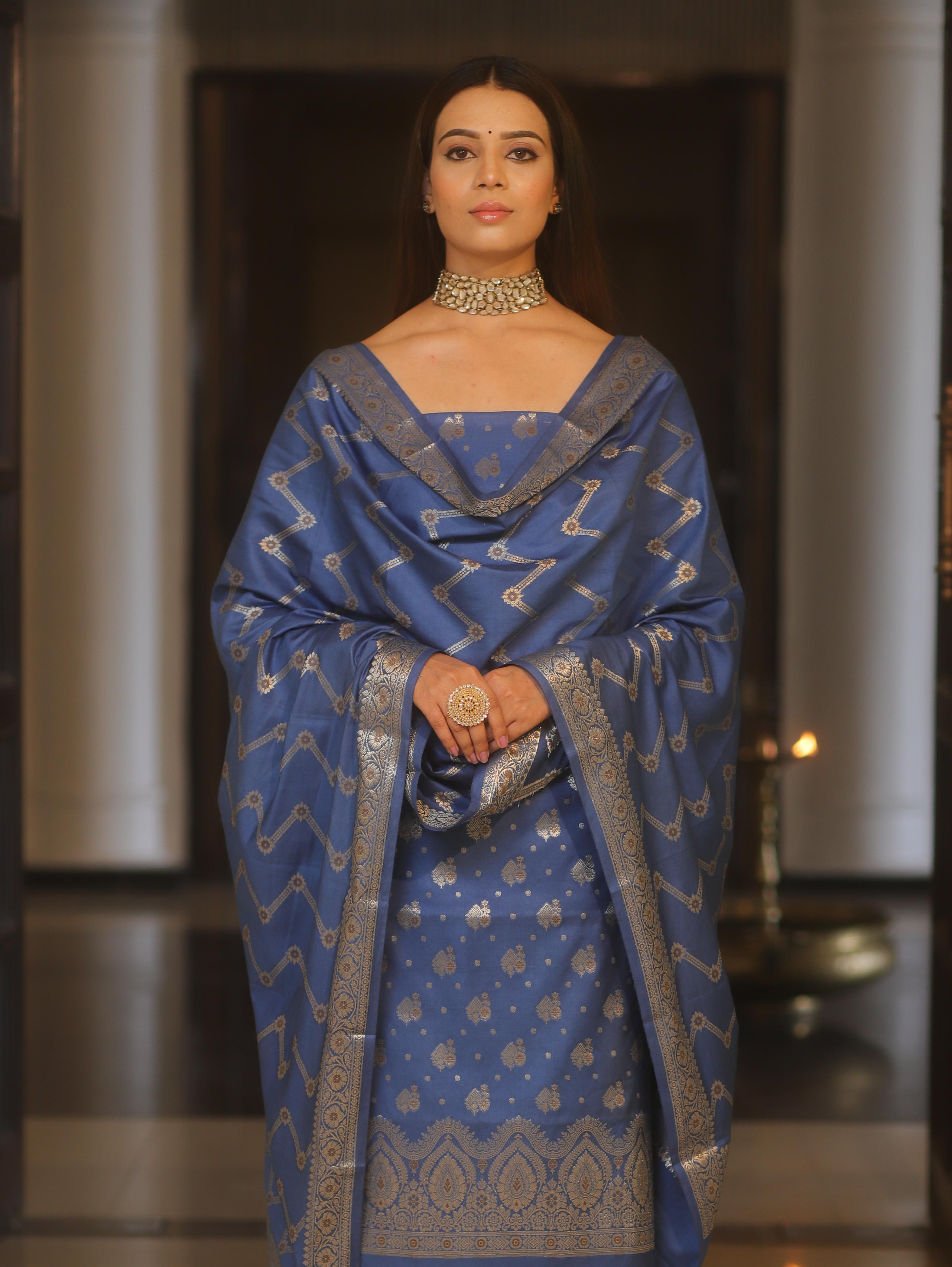 Banarasee Art Silk Zari Design Salwar Kameez With Dupatta Set-Cobalt Blue