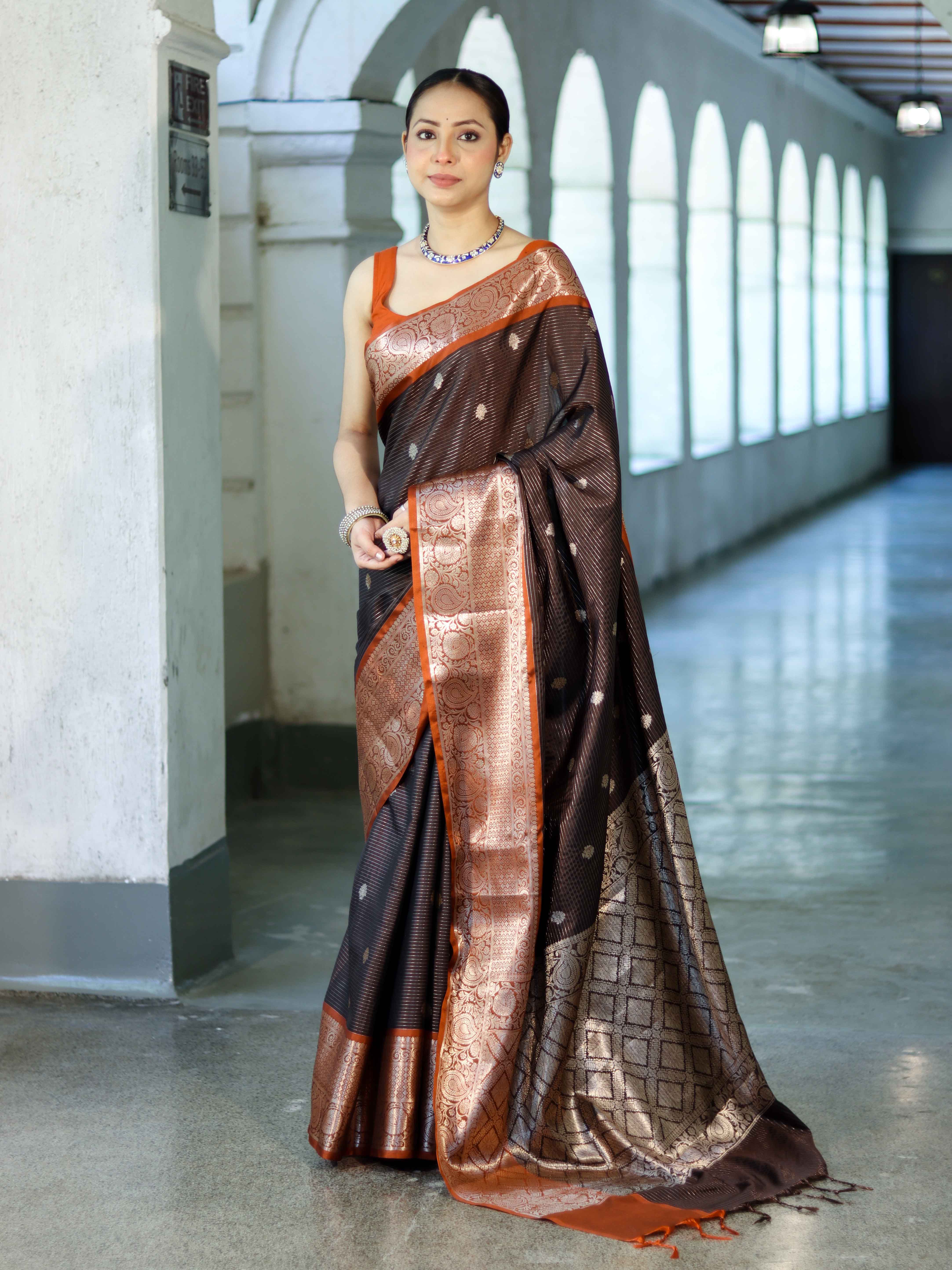 Banarasee Handloom Semi Silk Saree With Buti Design Stripe Pattern & Contrast Border-Brown & Rust