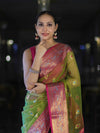 Banarasee Dual Tone Organza Mix Saree With Resham Zari Work & Contrast Border-Green & Pink