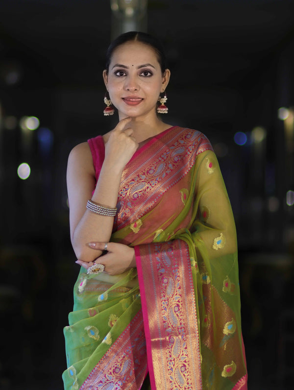 Banarasee Dual Tone Organza Mix Saree With Resham Zari Work & Contrast Border-Green & Pink