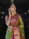Banarasee Dual Tone Organza Mix Saree With Resham Zari Work & Contrast Border-Green & Pink