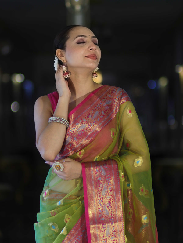 Banarasee Dual Tone Organza Mix Saree With Resham Zari Work & Contrast Border-Green & Pink