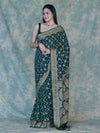 Banarasee Handloom Semi Silk Bandhej Saree With Broad Zari Floral Border-Deep Green