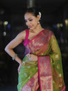 Banarasee Dual Tone Organza Mix Saree With Resham Zari Work & Contrast Border-Green & Pink