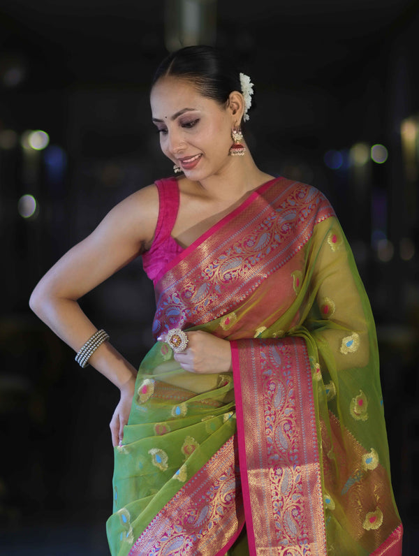 Banarasee Dual Tone Organza Mix Saree With Resham Zari Work & Contrast Border-Green & Pink