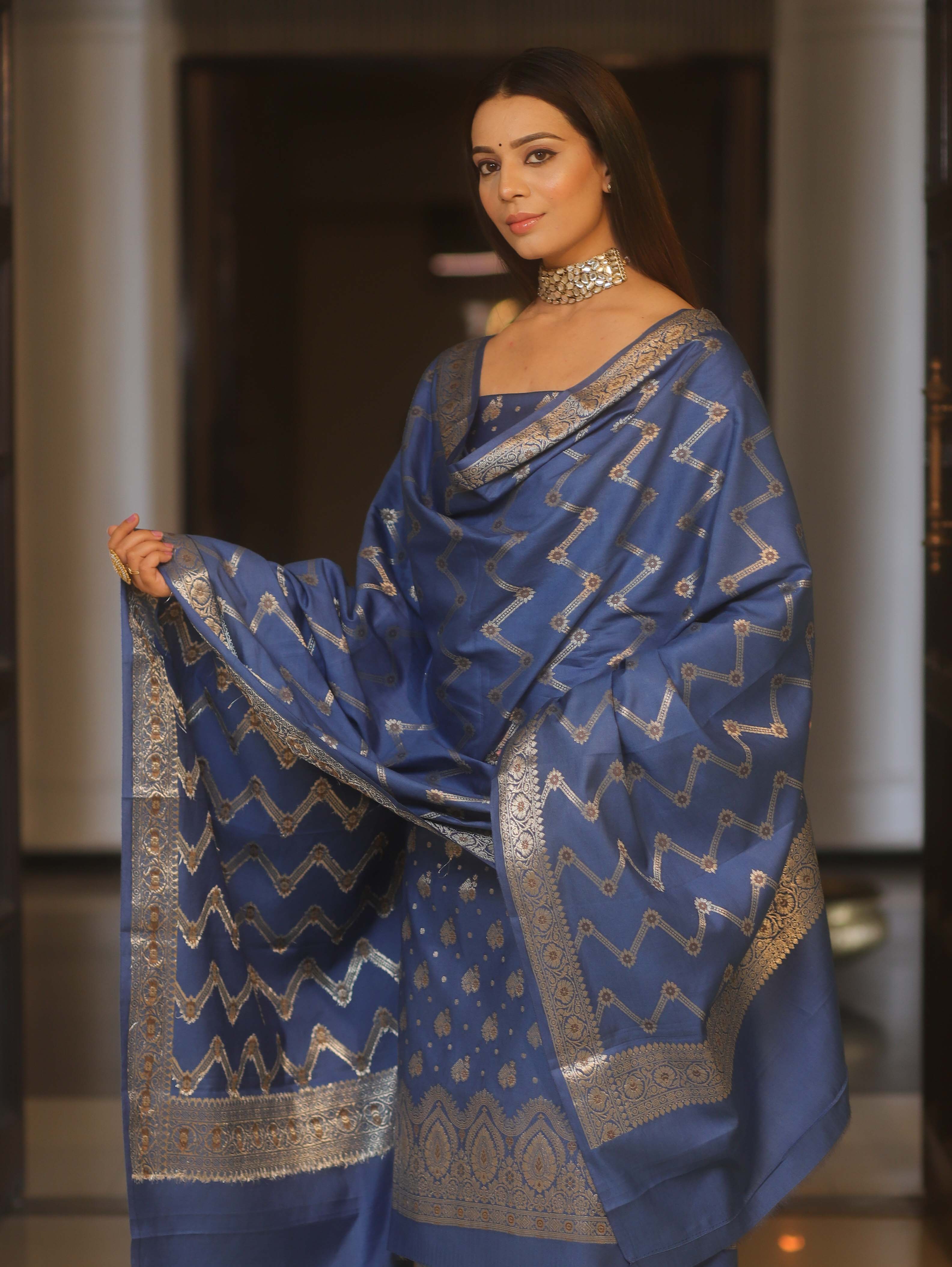 Banarasee Art Silk Zari Design Salwar Kameez With Dupatta Set-Cobalt Blue