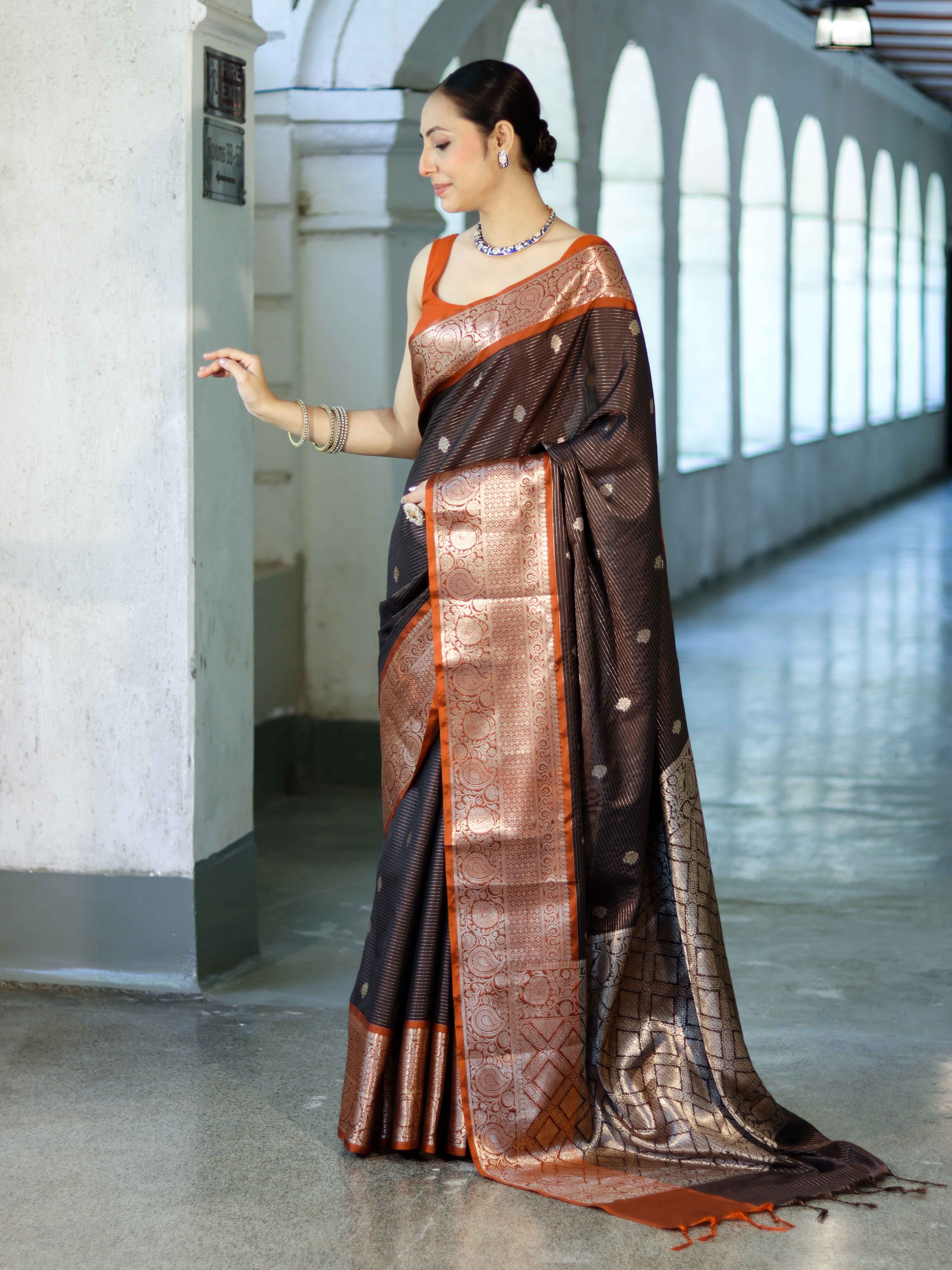 Banarasee Handloom Semi Silk Saree With Buti Design Stripe Pattern & Contrast Border-Brown & Rust