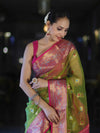 Banarasee Dual Tone Organza Mix Saree With Resham Zari Work & Contrast Border-Green & Pink