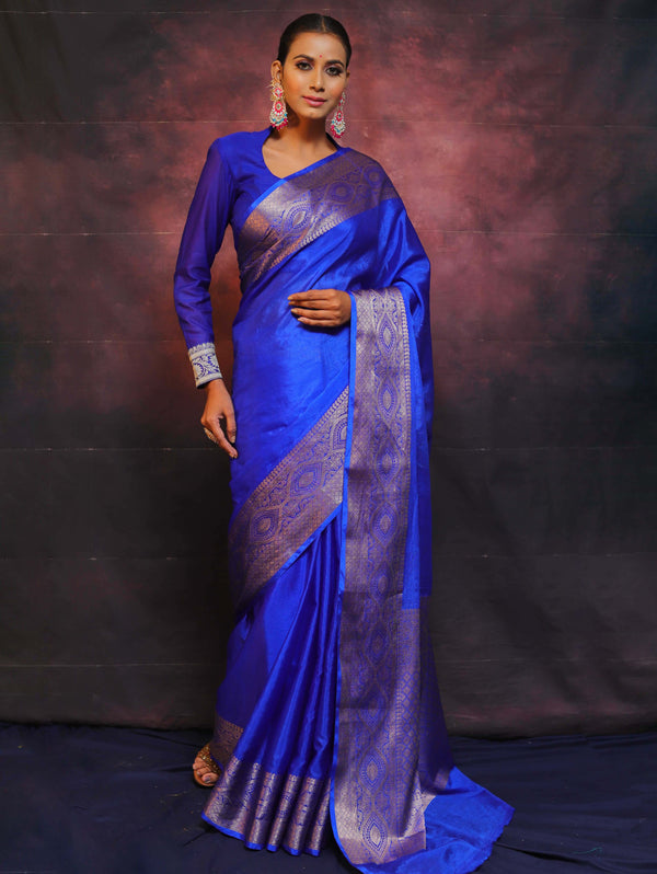 Banarasee Handwoven Semi Silk Plain Saree With Zari Border-Royal Blue