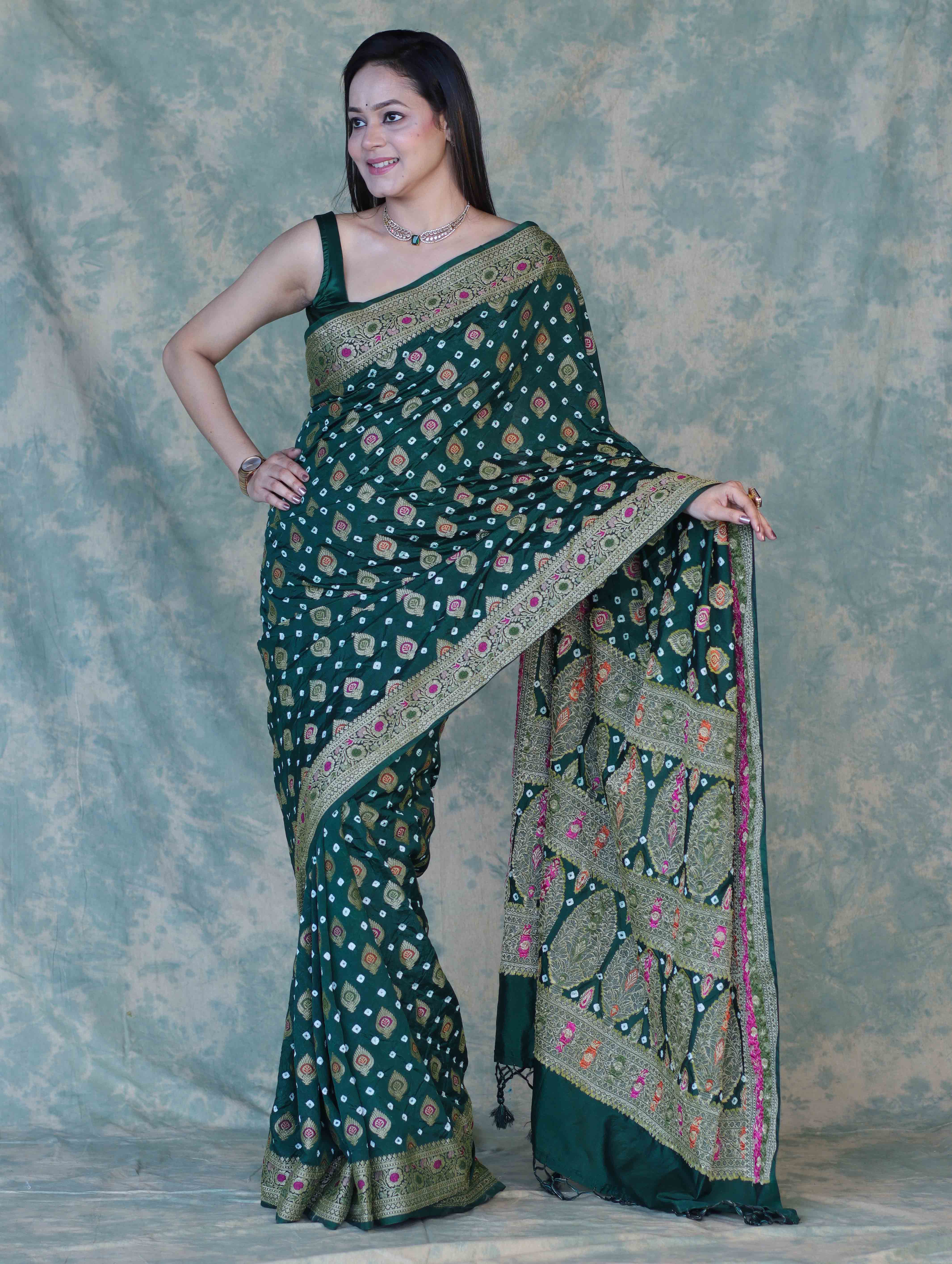 Banarasee Handloom Semi Silk Bandhej Saree With Broad Zari Floral Border-Deep Green