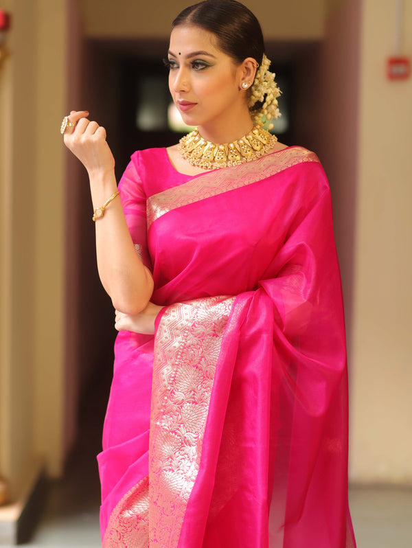 Banarasee Organza Mix Saree With Zari Border-Pink