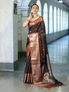 Banarasee Handloom Semi Silk Saree With Buti Design Stripe Pattern & Contrast Border-Brown & Rust