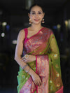 Banarasee Dual Tone Organza Mix Saree With Resham Zari Work & Contrast Border-Green & Pink