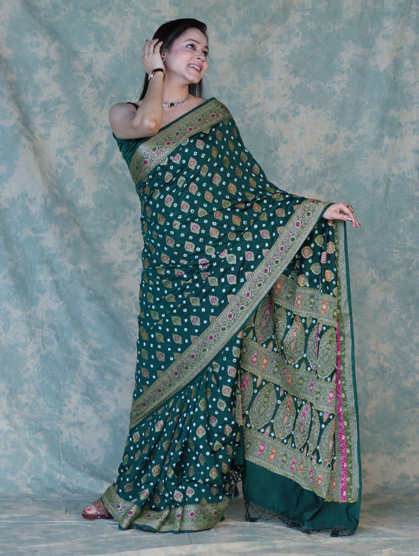 Banarasee Handloom Semi Silk Bandhej Saree With Broad Zari Floral Border-Deep Green