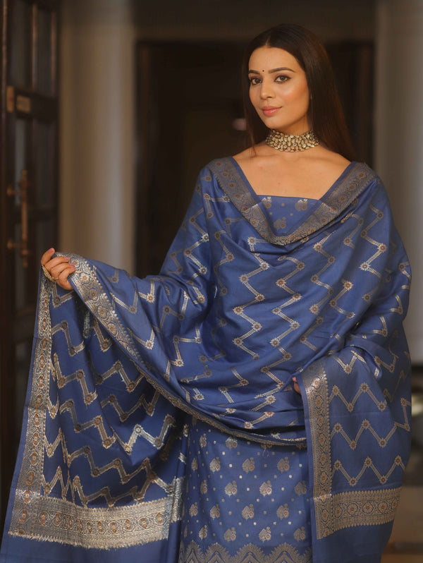 Banarasee Art Silk Zari Design Salwar Kameez With Dupatta Set-Cobalt Blue