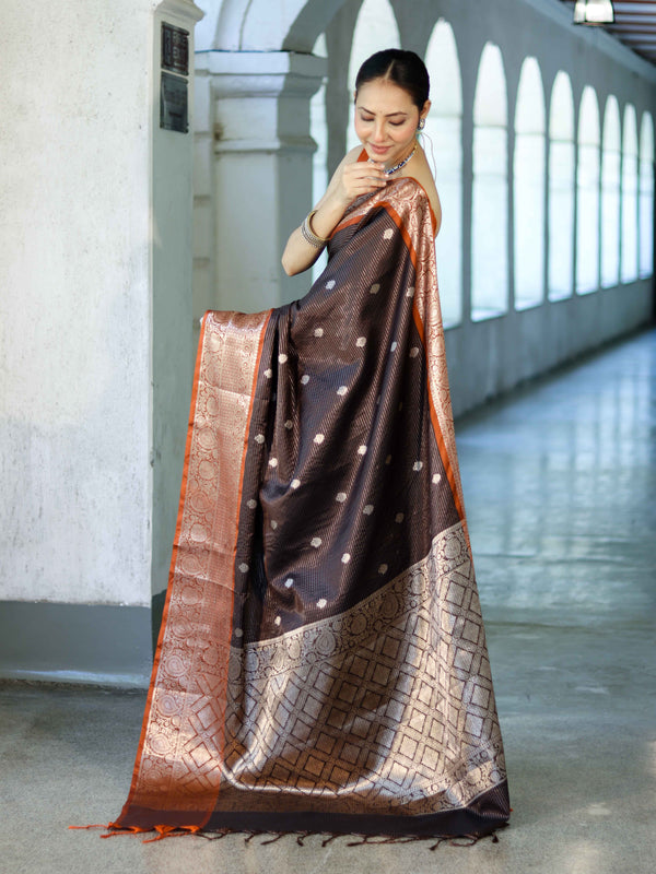 Banarasee Handloom Semi Silk Saree With Buti Design Stripe Pattern & Contrast Border-Brown & Rust