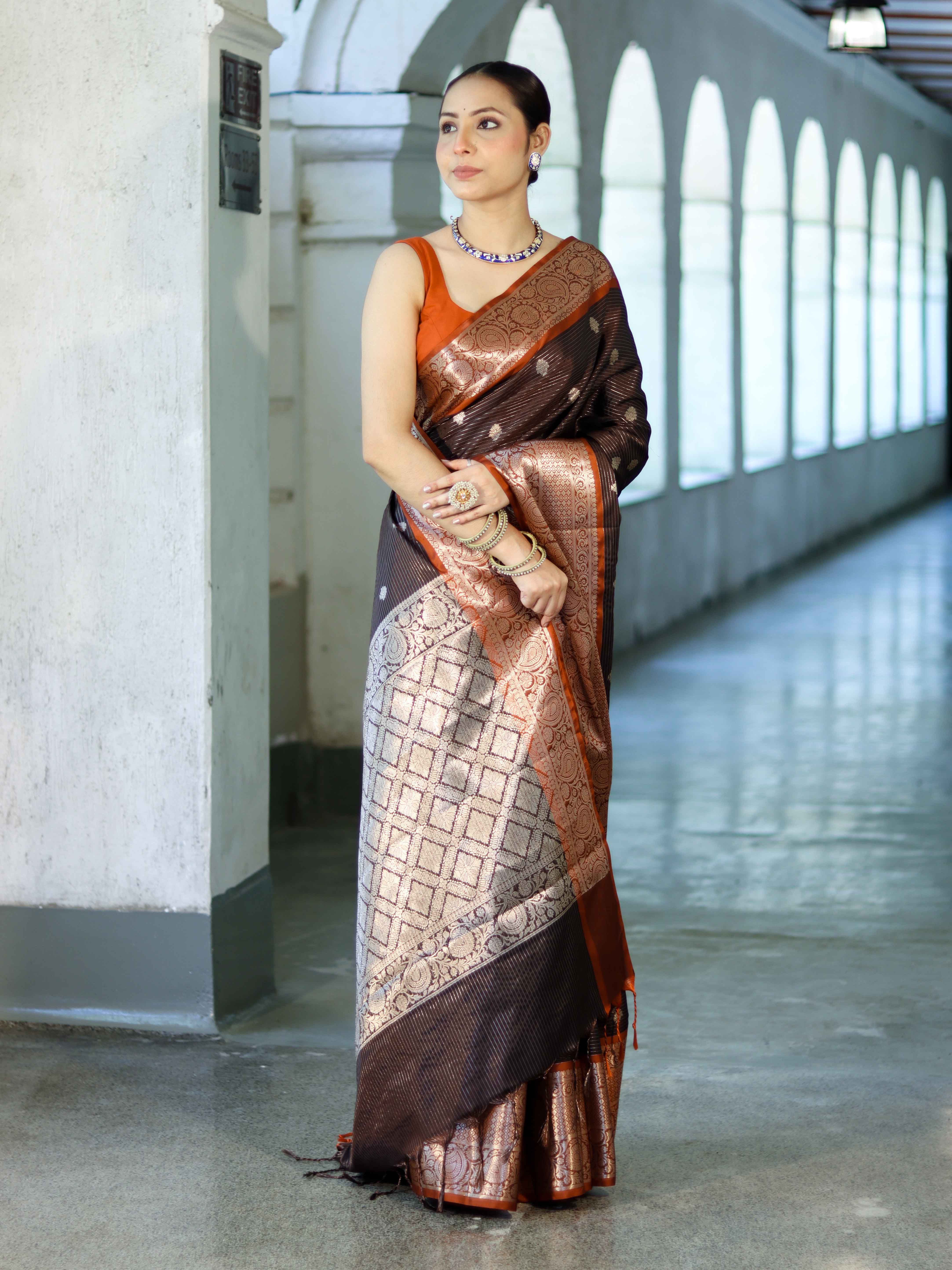 Banarasee Handloom Semi Silk Saree With Buti Design Stripe Pattern & Contrast Border-Brown & Rust