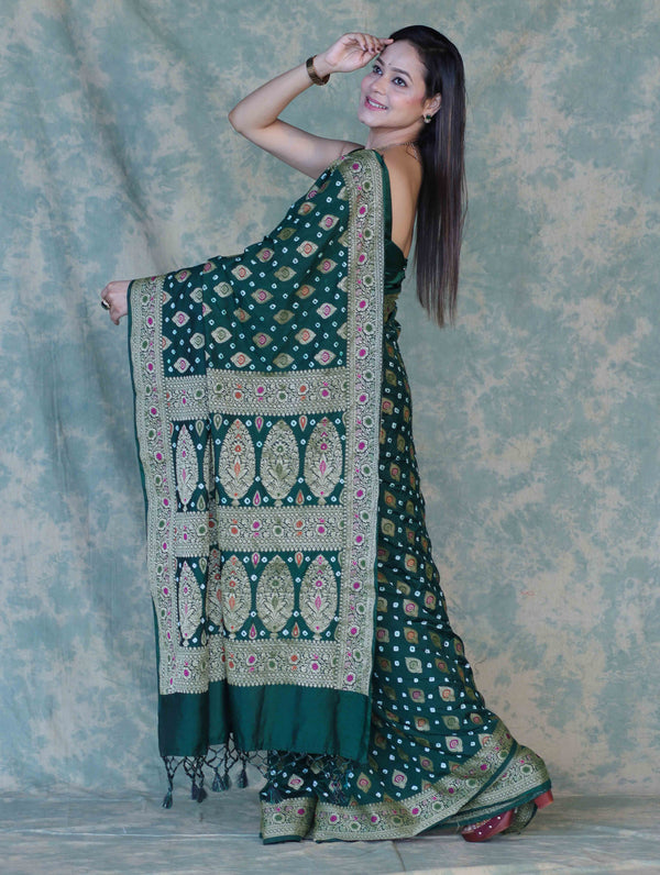 Banarasee Handloom Semi Silk Bandhej Saree With Broad Zari Floral Border-Deep Green