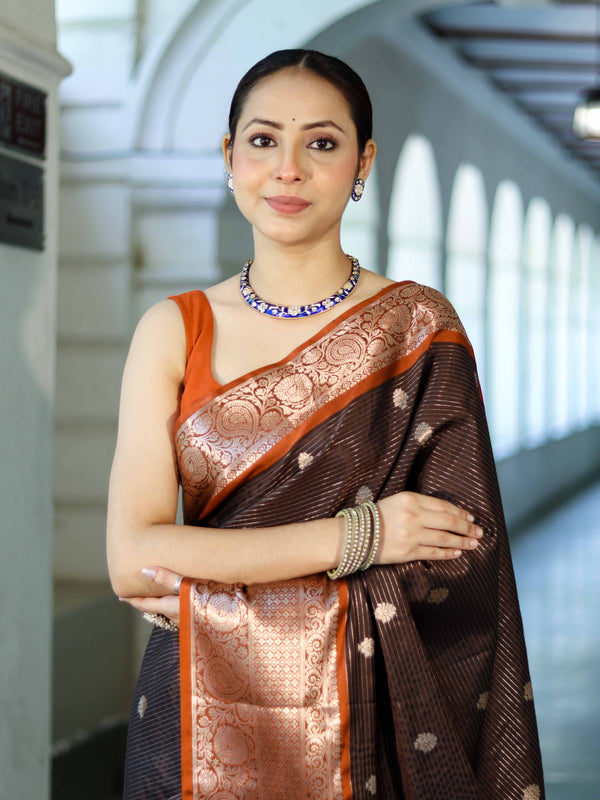 Banarasee Handloom Semi Silk Saree With Buti Design Stripe Pattern & Contrast Border-Brown & Rust