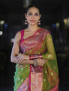 Banarasee Dual Tone Organza Mix Saree With Resham Zari Work & Contrast Border-Green & Pink
