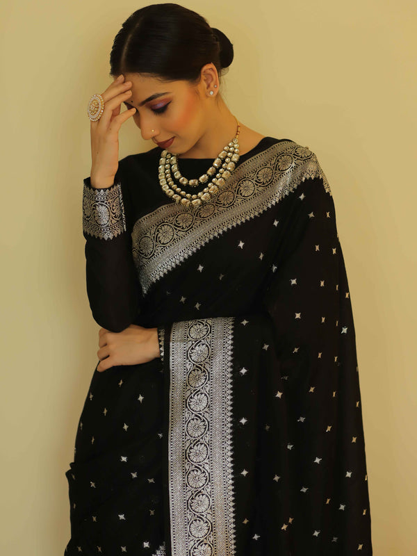 Banarasee Handwoven Faux Georgette Saree With Silver Zari Star Buti Design-Black