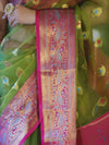 Banarasee Dual Tone Organza Mix Saree With Resham Zari Work & Contrast Border-Green & Pink