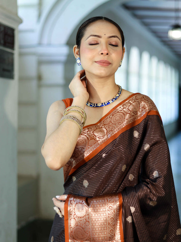 Banarasee Handloom Semi Silk Saree With Buti Design Stripe Pattern & Contrast Border-Brown & Rust