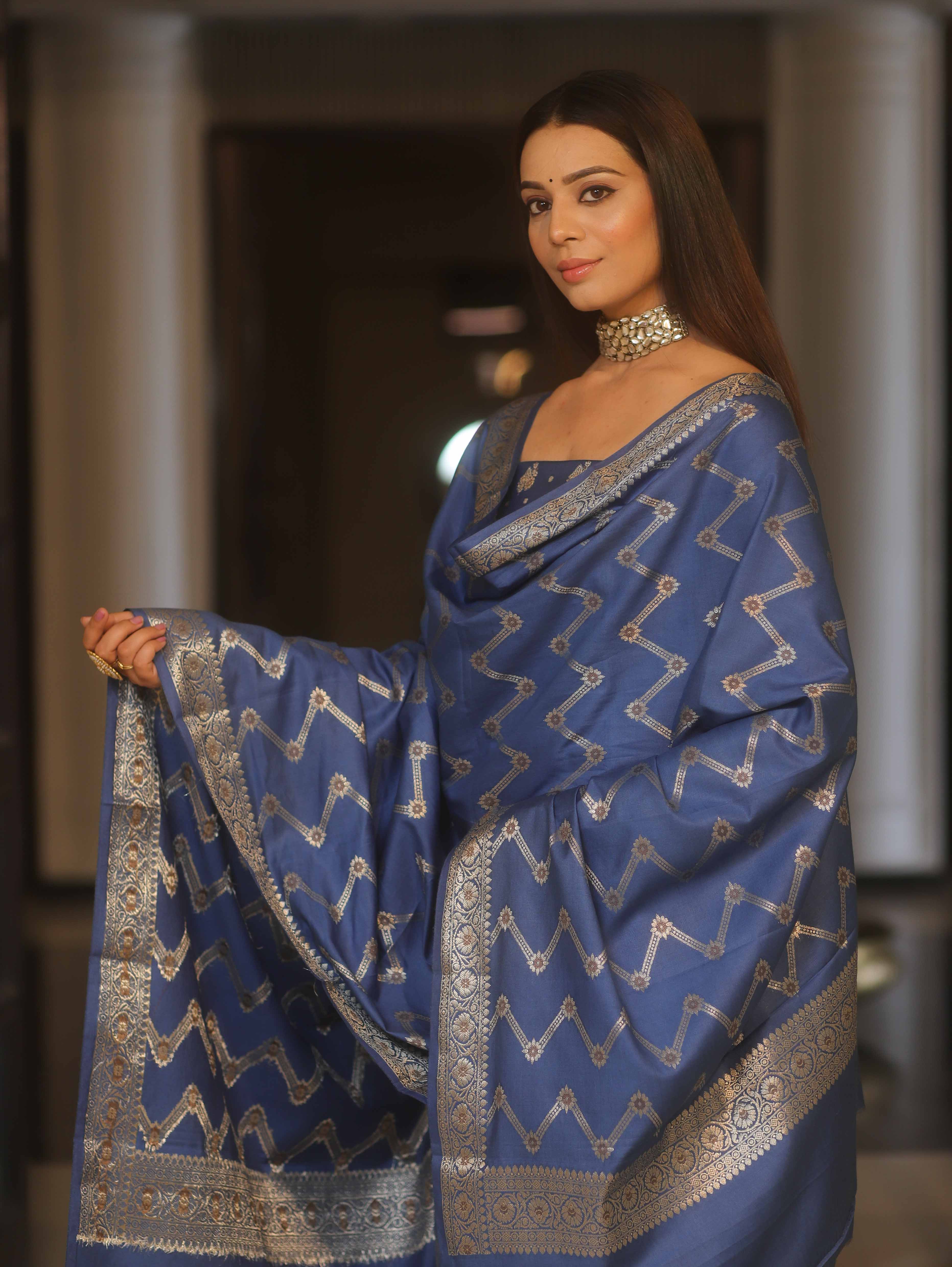 Banarasee Art Silk Zari Design Salwar Kameez With Dupatta Set-Cobalt Blue
