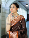 Banarasee Handloom Semi Silk Saree With Buti Design Stripe Pattern & Contrast Border-Brown & Rust