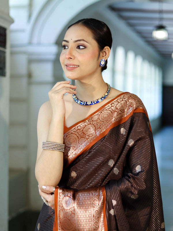 Banarasee Handloom Semi Silk Saree With Buti Design Stripe Pattern & Contrast Border-Brown & Rust