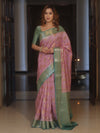 Banarasee Handloom Pure Chiniya Silk Saree With Zari Work & Contrast Border-Salmon Pink & Green