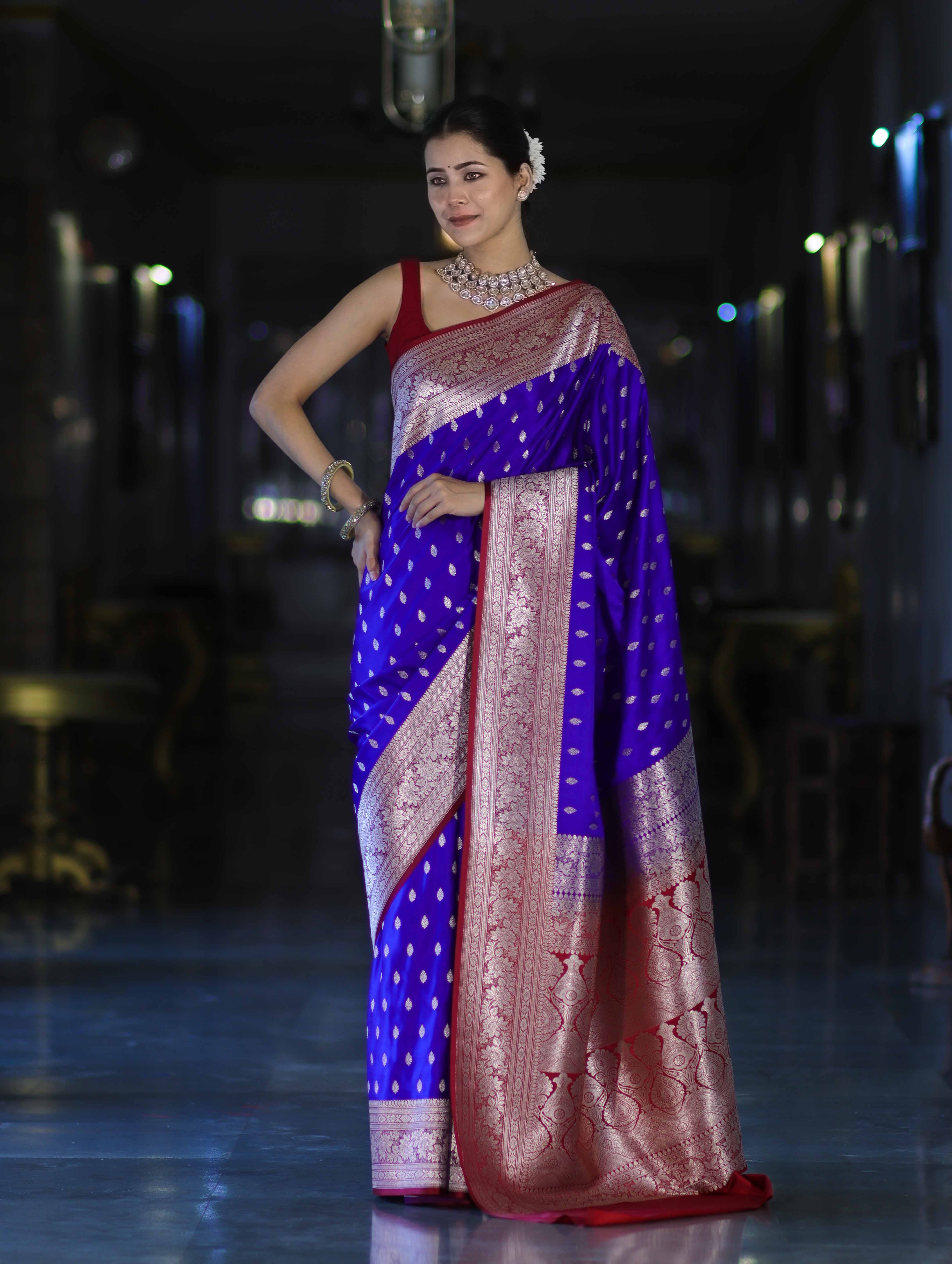 Banarasee Handloom Semi Katan Saree With Zari Buti Design & Contrast Border-Violet & Maroon