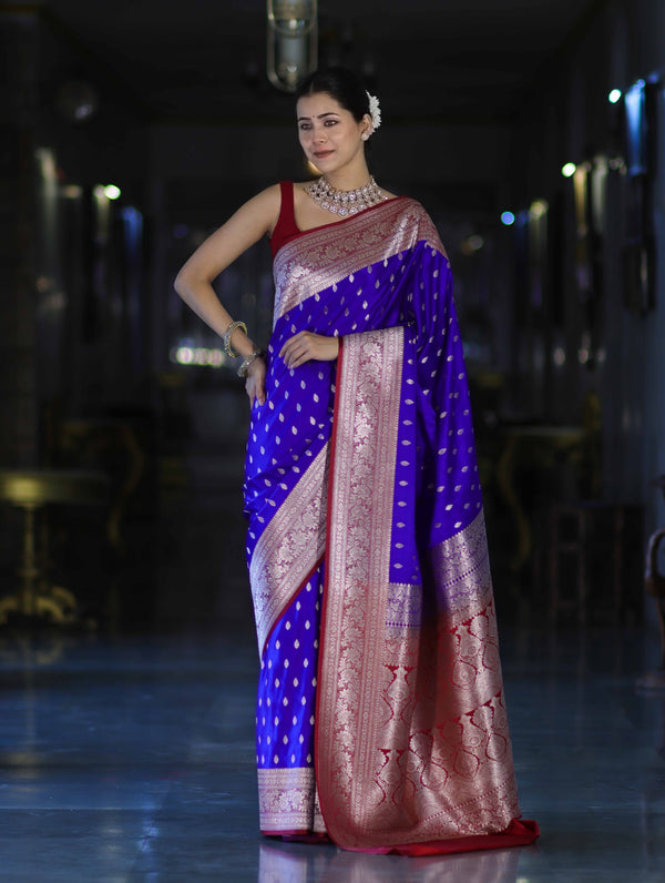 Banarasee Handloom Semi Katan Saree With Zari Buti Design & Contrast Border-Violet & Maroon