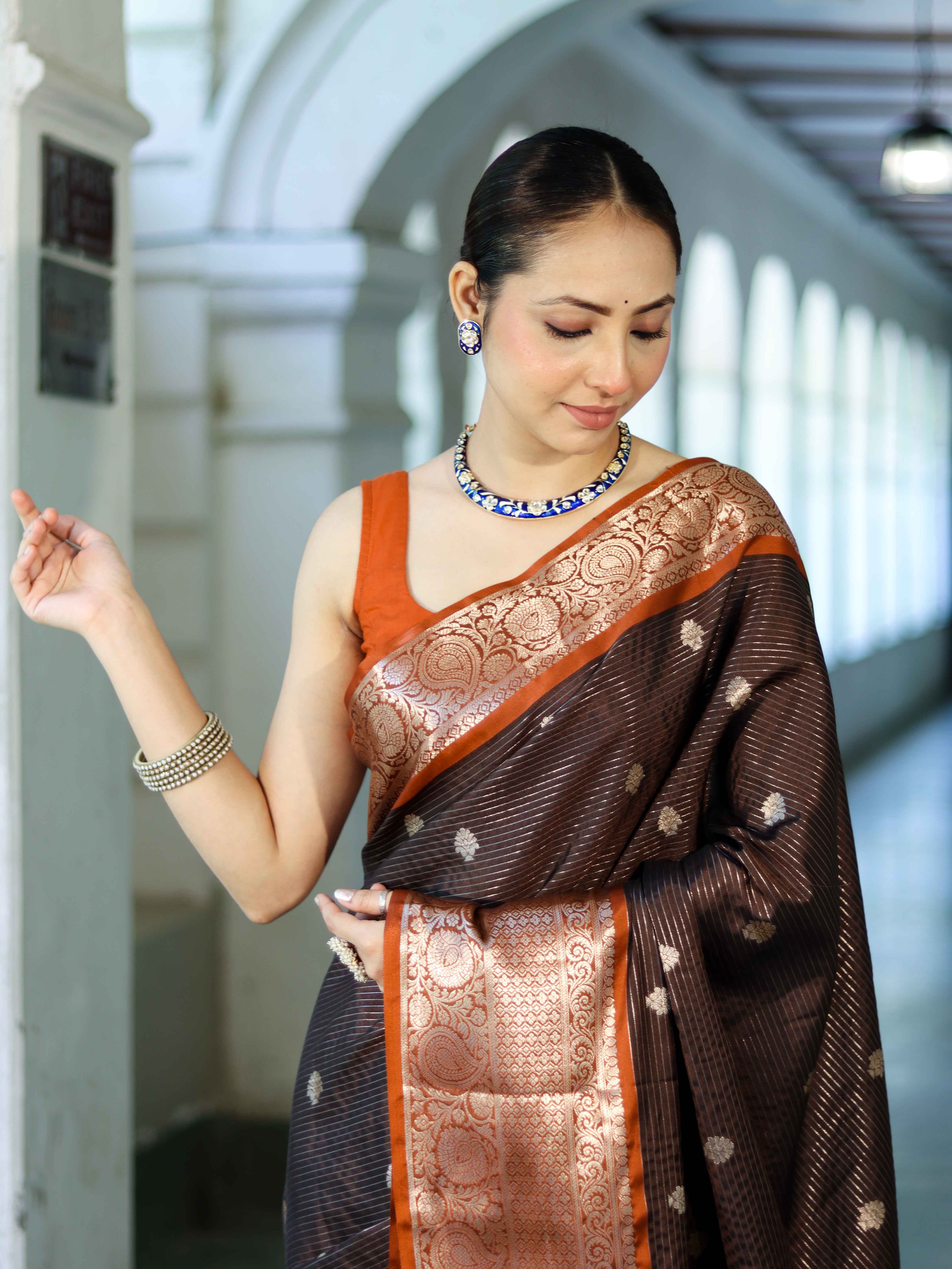 Banarasee Handloom Semi Silk Saree With Buti Design Stripe Pattern & Contrast Border-Brown & Rust