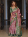 Banarasee Handloom Pure Chiniya Silk Saree With Zari Work & Contrast Border-Salmon Pink & Green