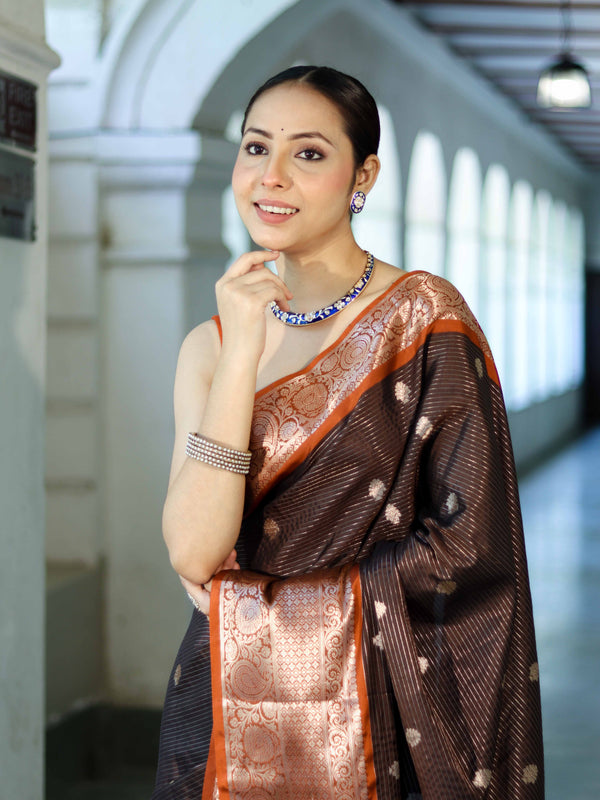 Banarasee Handloom Semi Silk Saree With Buti Design Stripe Pattern & Contrast Border-Brown & Rust