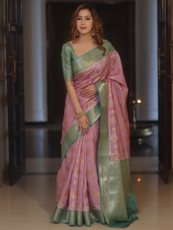 Banarasee Handloom Pure Chiniya Silk Saree With Zari Work & Contrast Border-Salmon Pink & Green