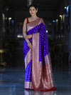 Banarasee Handloom Semi Katan Saree With Zari Buti Design & Contrast Border-Violet & Maroon