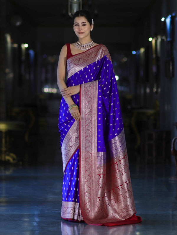 Banarasee Handloom Semi Katan Saree With Zari Buti Design & Contrast Border-Violet & Maroon