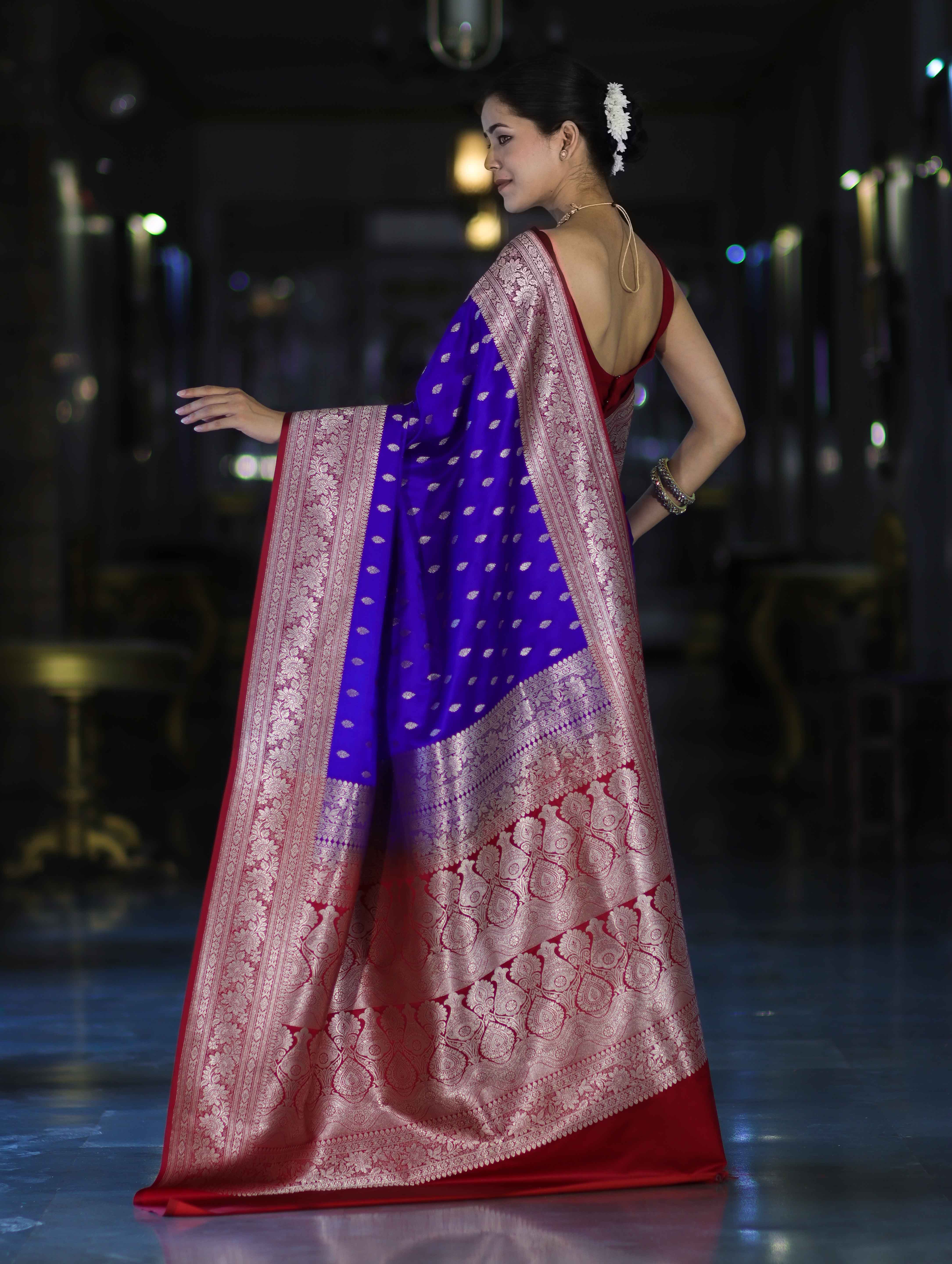 Banarasee Handloom Semi Katan Saree With Zari Buti Design & Contrast Border-Violet & Maroon