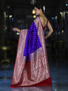 Banarasee Handloom Semi Katan Saree With Zari Buti Design & Contrast Border-Violet & Maroon