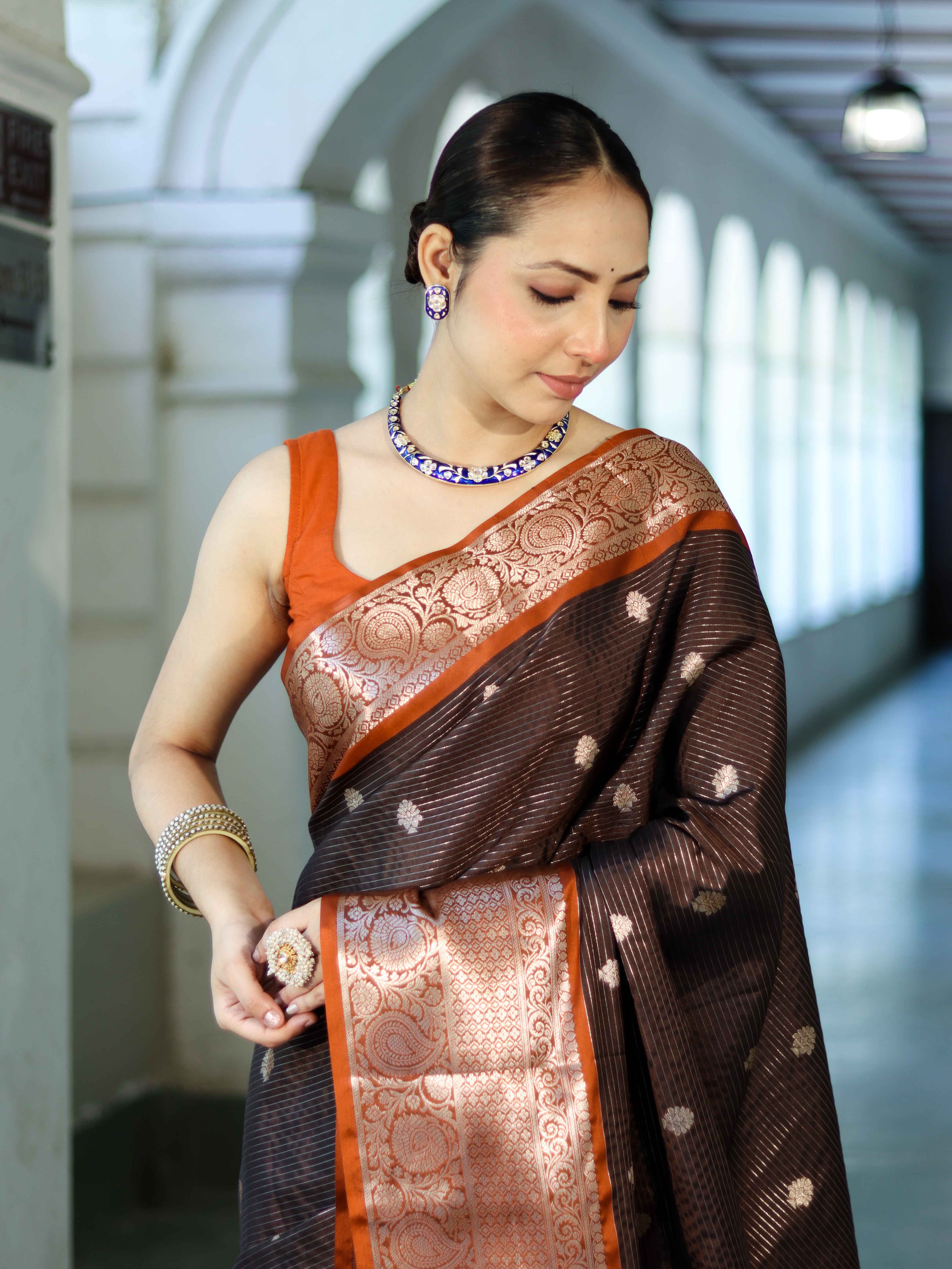 Banarasee Handloom Semi Silk Saree With Buti Design Stripe Pattern & Contrast Border-Brown & Rust