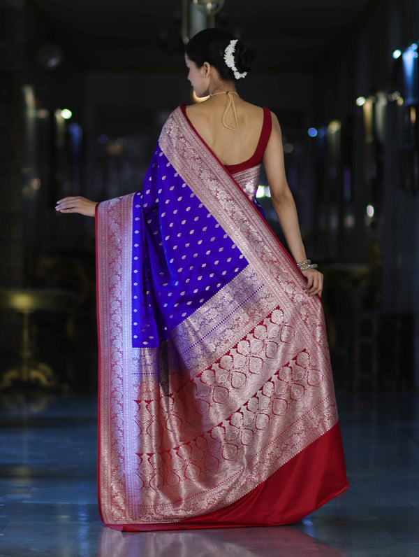 Banarasee Handloom Semi Katan Saree With Zari Buti Design & Contrast Border-Violet & Maroon